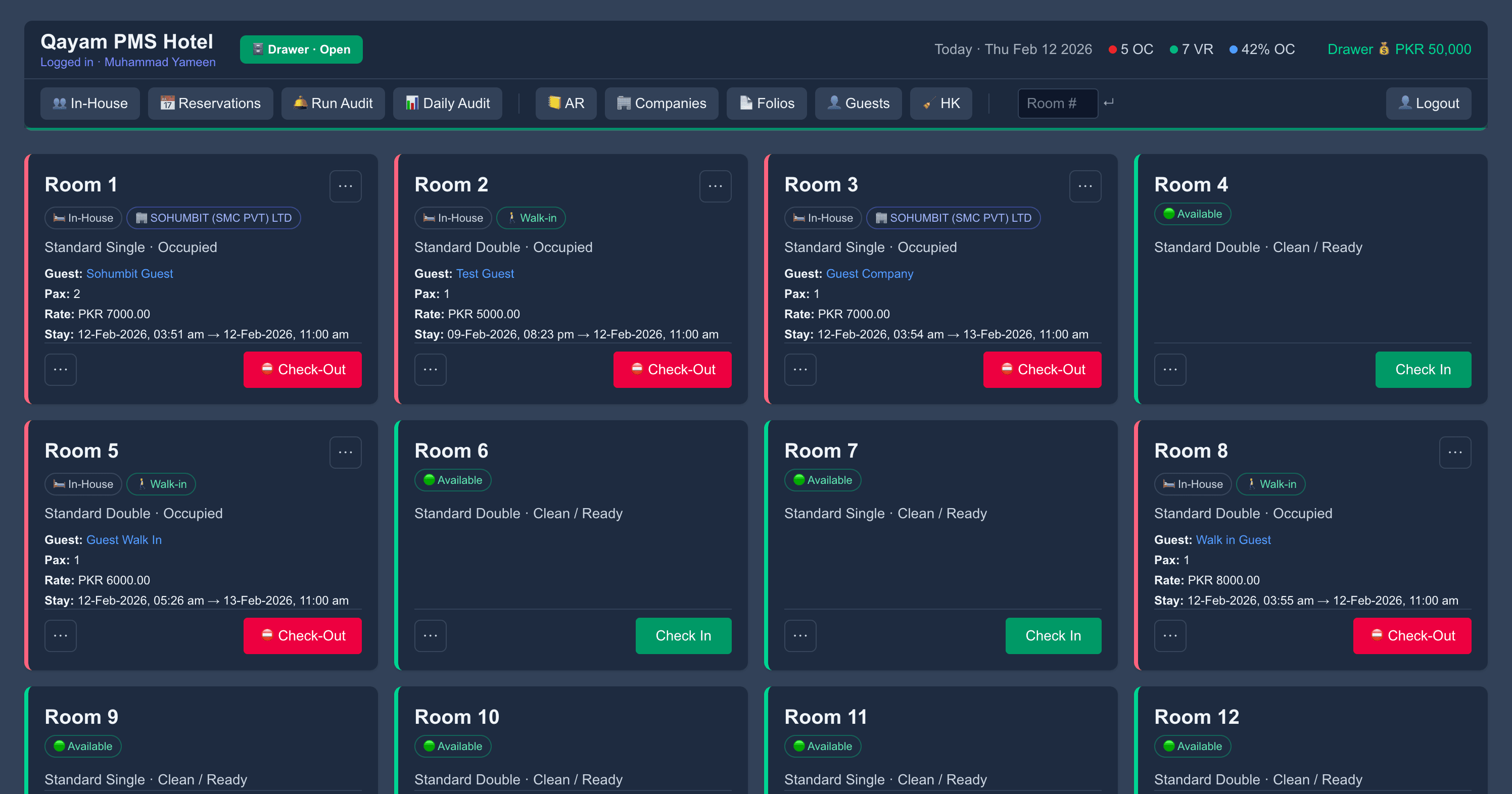 Qayam PMS Front Desk Dashboard