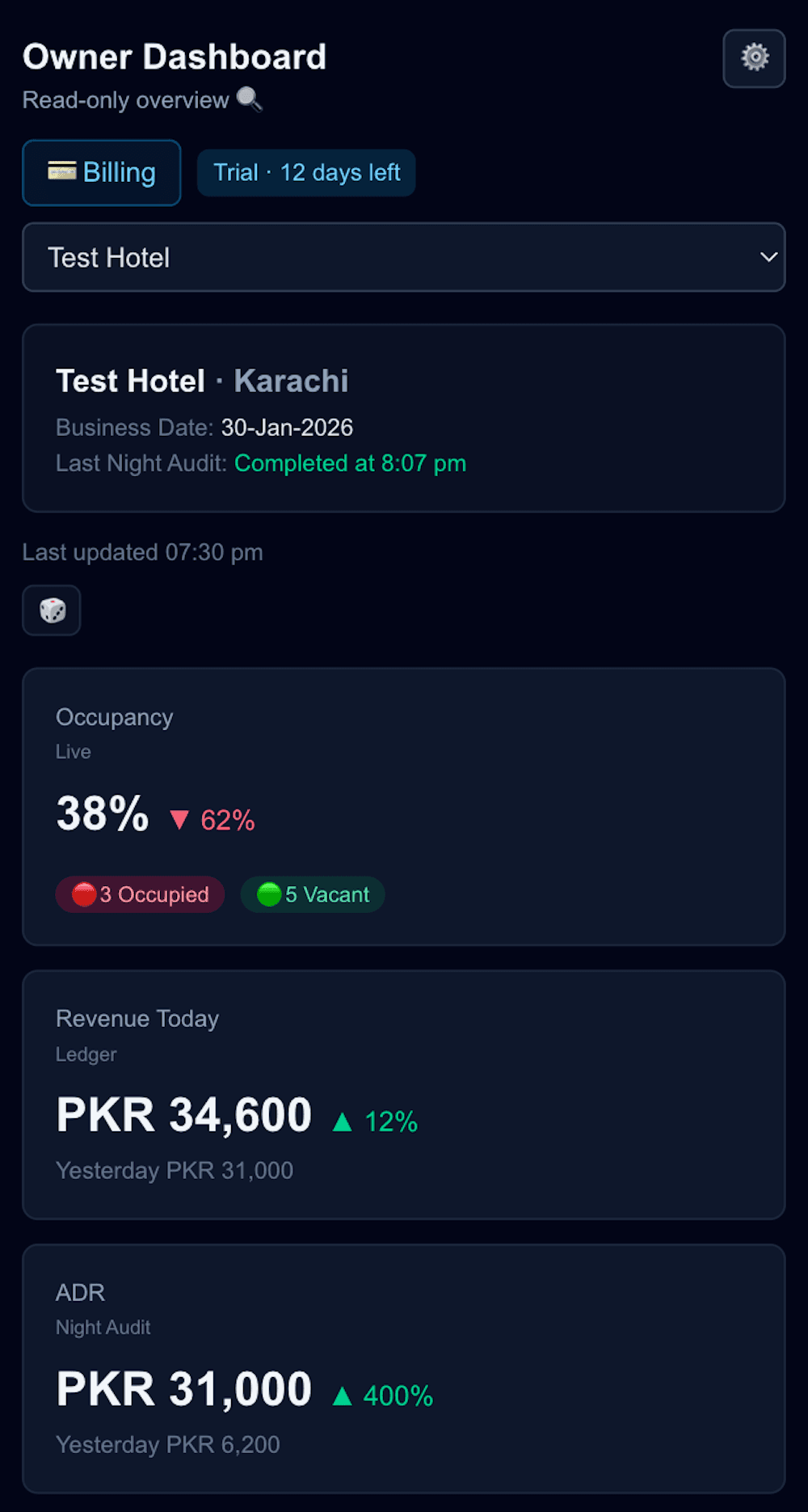Owner dashboard on mobile